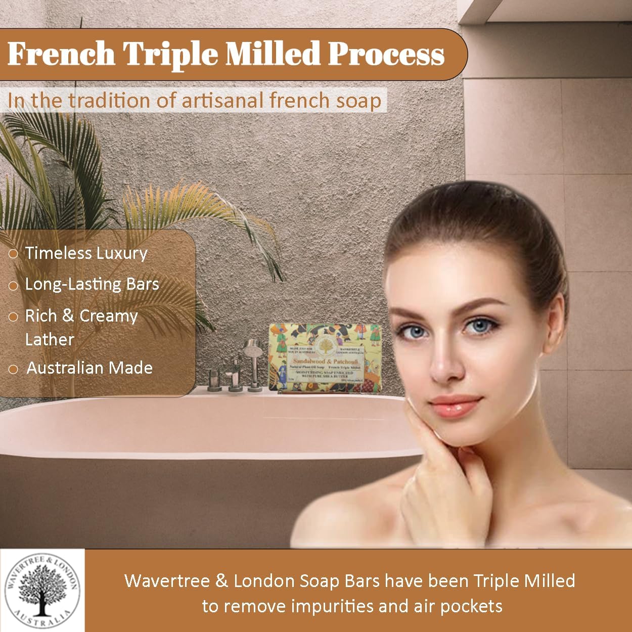 Wavertree & London Sandalwood Patchouli Scented Natural Soap Bar, 7oz Moisturizing French Triple Milled Soap Bar for Women & Men enriched with shea butter - For All Skin Types