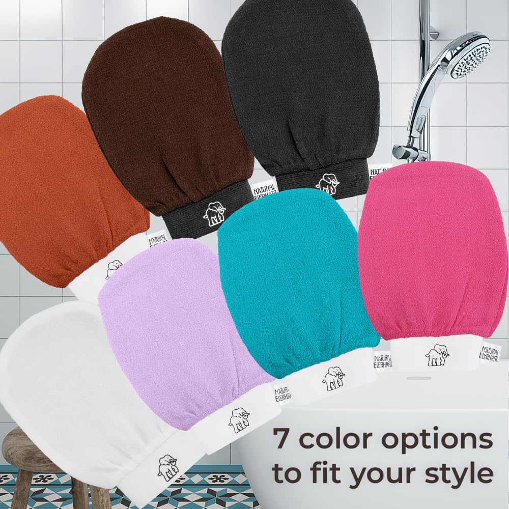 Natural Elephant Exfoliating Hammam Glove - Face and Body Exfoliator Mitt 5 and 10 Packs (3 Orange, 2 Teal (Pack of 5))
