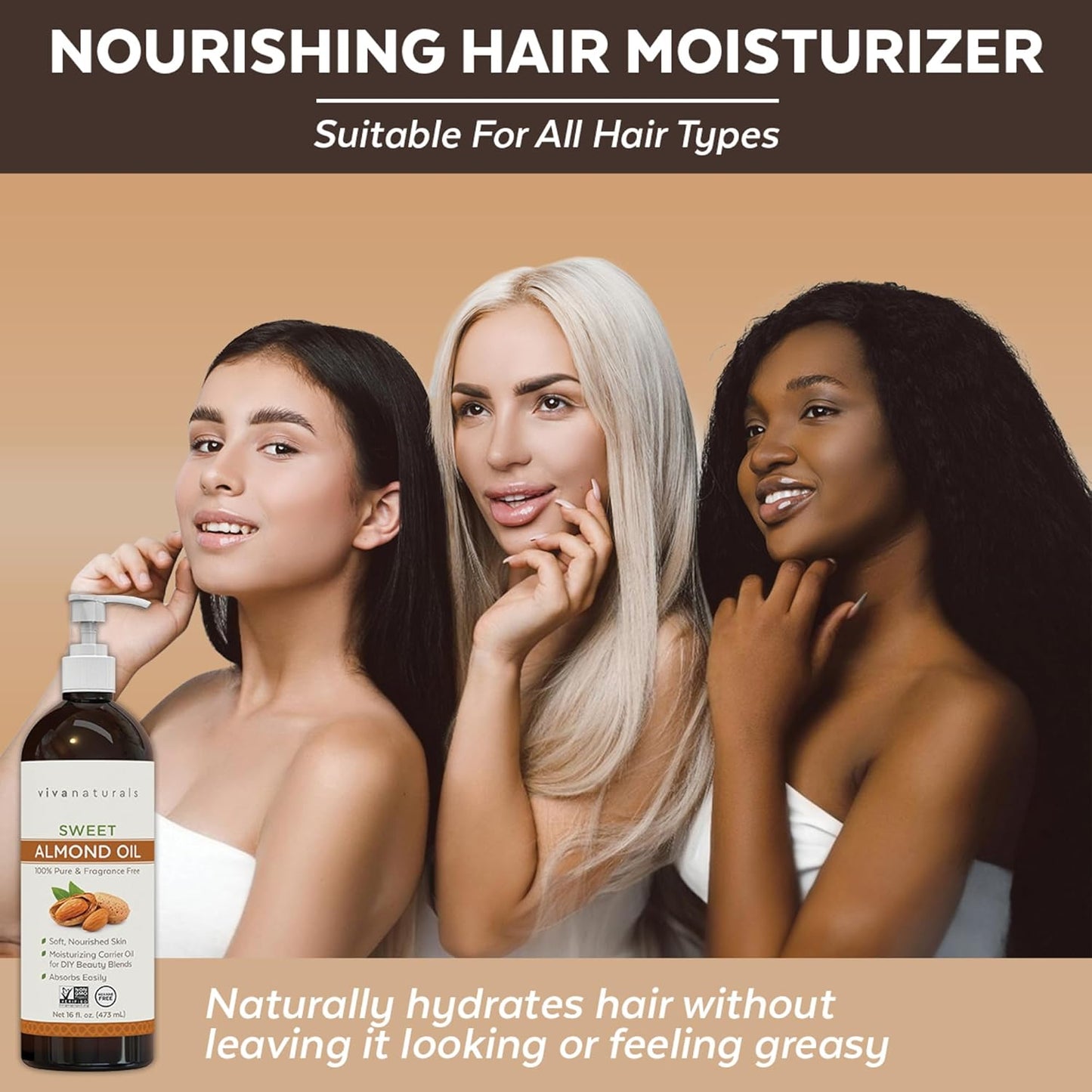 Viva Naturals Sweet Almond Oil for Skin - Body Oil, Hair Moisturizer and Relaxing Massage and Oil, Carrier Oil for Essential Oils Mixing, Non-Greasy Pure Sweet Almond Oil for Hair and Skin, 16 fl oz