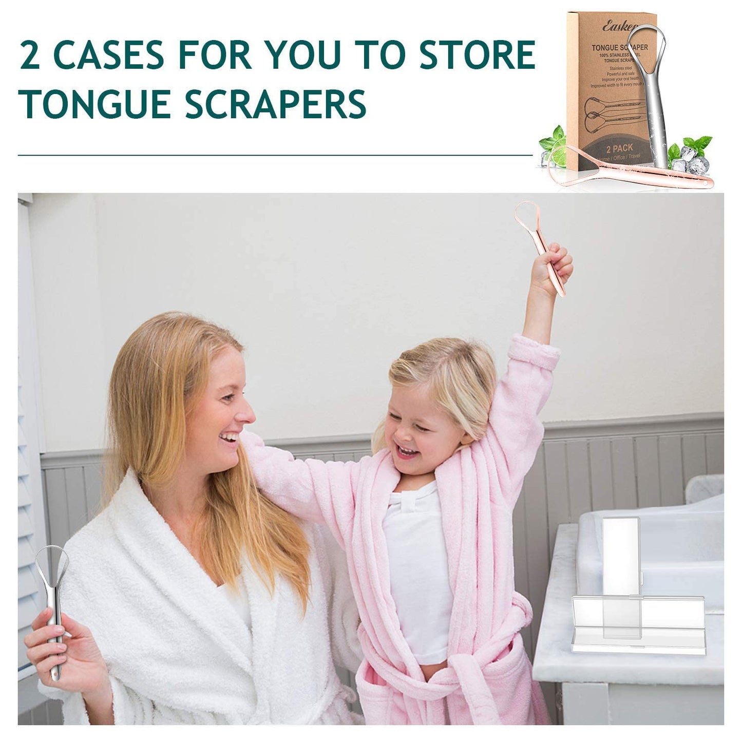 Tongue Scraper (2 Pack), Wide-Head Tongue Cleaner with Nice Carrying Box, Easkep 100% Stainless Steel Tongue Scrapers Cleaners, for Men, Women, Adults, Kids
