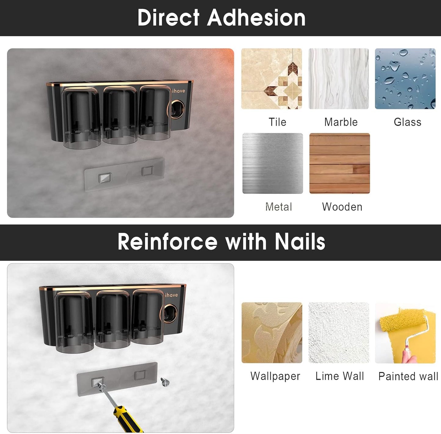 iHave Toothbrush Holders Bathroom Accessories with Toothpaste Dispenser, 3 Cups Toothbrush Holder Wall Mounted Bathroom Decor