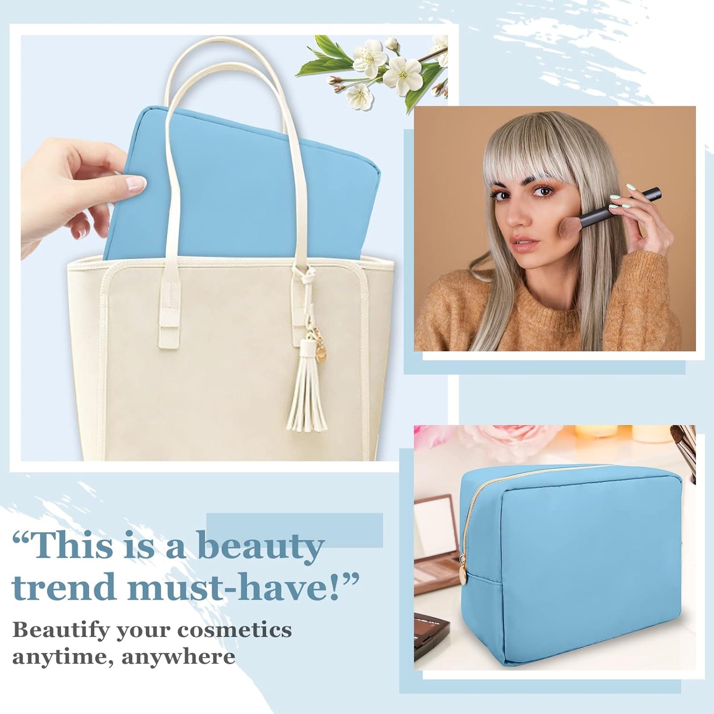 Nylon Large Makeup Bag Travel Cosmetic Bag Pouch, Preppy Big Makeup Bag Cute Cosmetic Zipper Pouch Purse, Waterproof Toiletry Bag Clutch Make Up Organizer Travel Essentials for Women Men Girls(Blue)