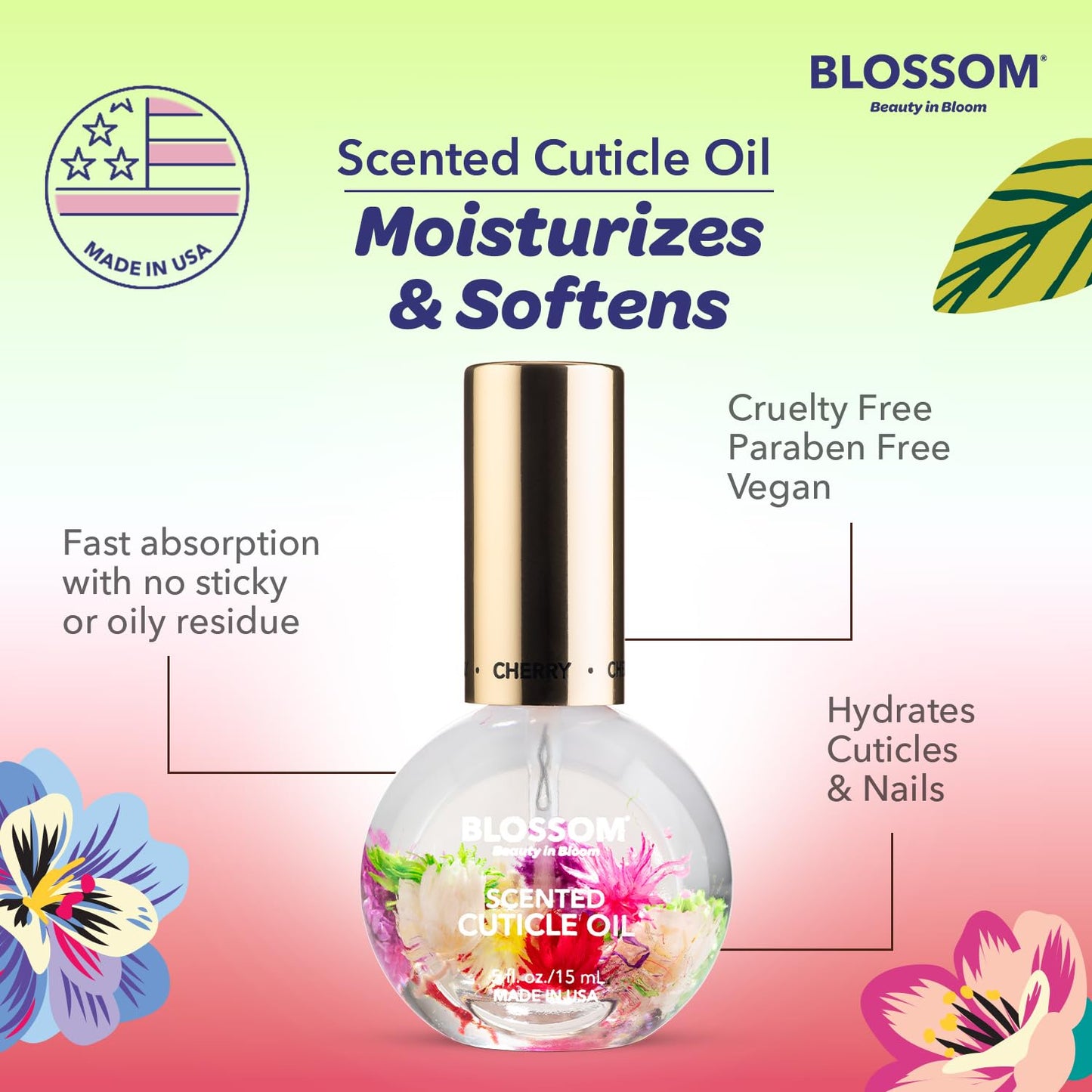 Blossom Cuticle Oil for Nails, Hydrating, Moisturizing, Scented Nail Oil Cuticle Care, Infused with Real Flowers, Made in USA, 0.5 fl. oz, Cherry