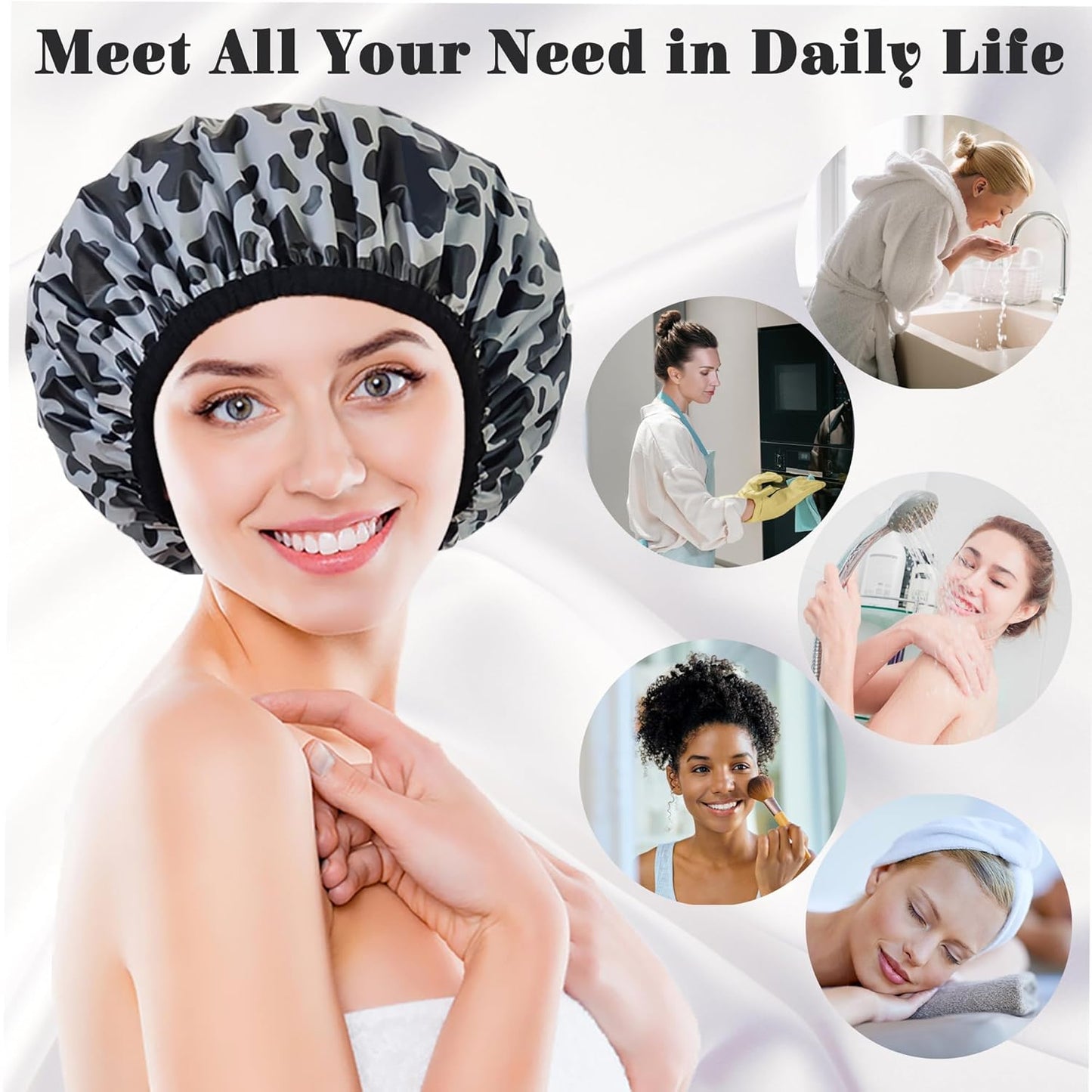 Shower Cap for Women, Shower Caps Reusable Waterproof, Large Plastic Satin Lined Shower Cap for Braids Long Hair