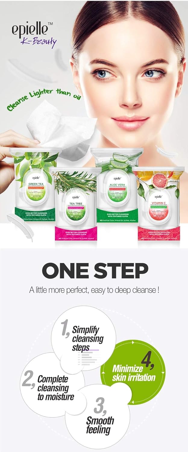 Epielle Cucumber Makeup Remover Wipes | 60 Count, 2 Pack | Gentle Cleansing Towelettes | Beauty Gift, Spa Day, Gift Set | Korean Skincare