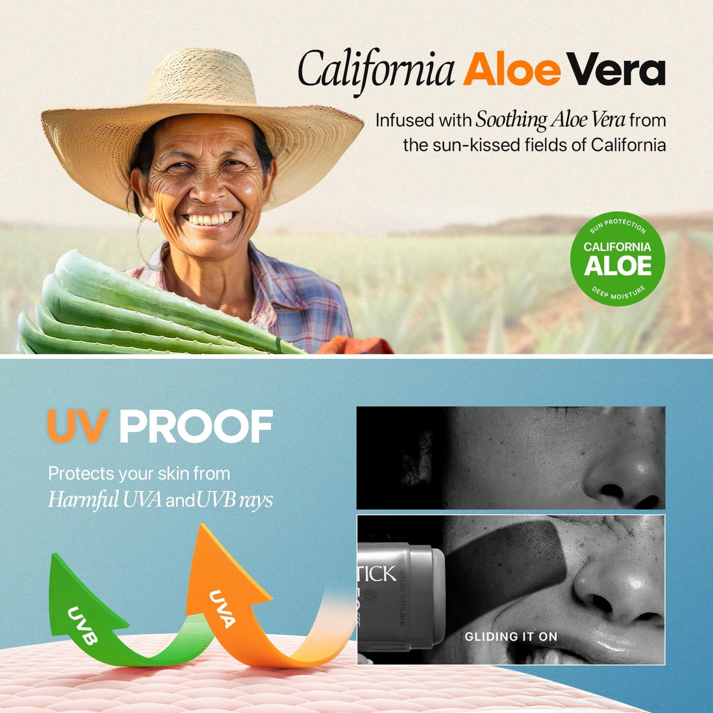 Nature Republic California Aloe Fresh Powdery Sun Stick Broad Spectrum SPF50+ | Korean Sunscreen Travel Size Suncare Sunblock, No Whitecast, non-sticky, Water resistant