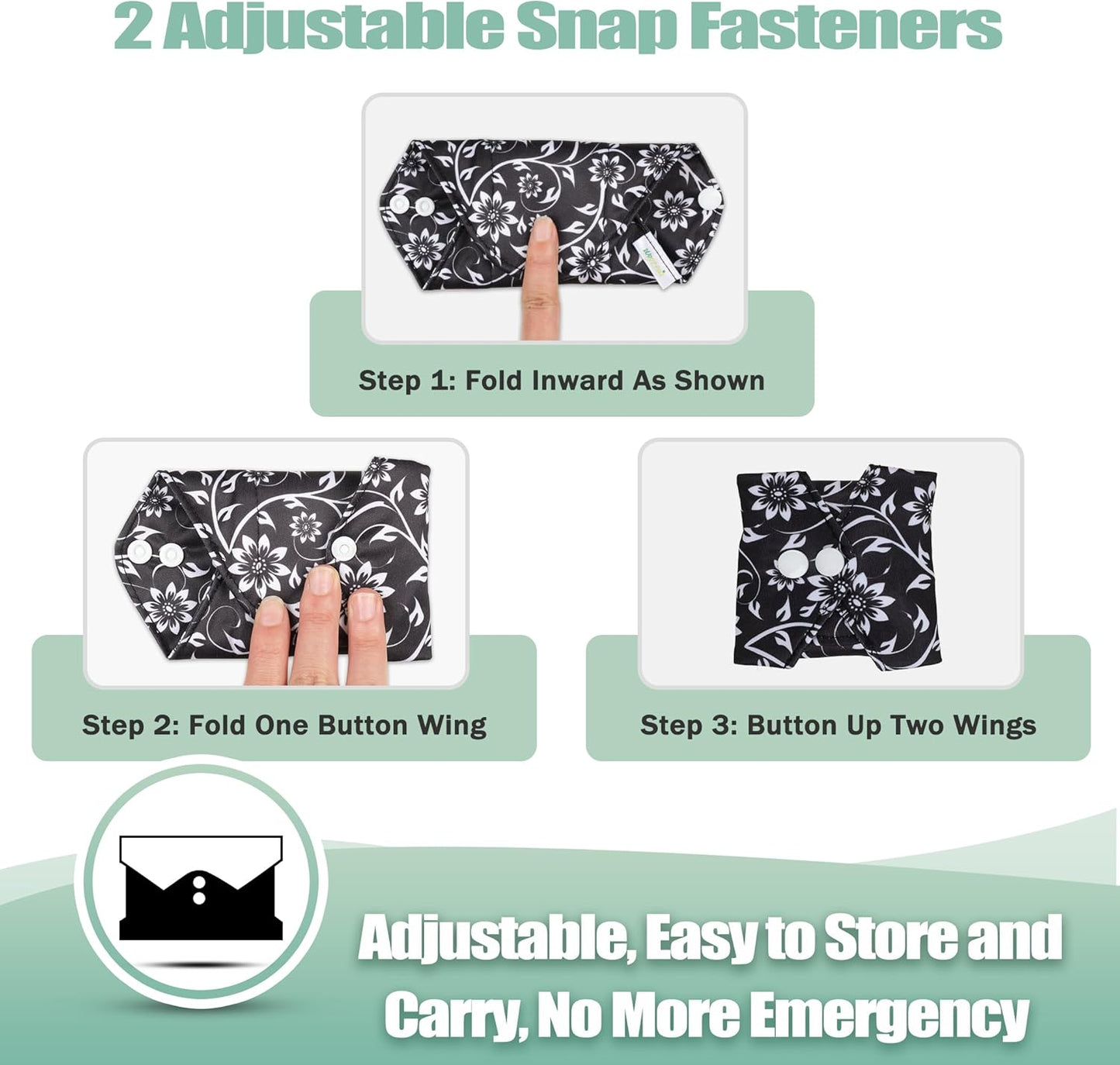 wegreeco Reusable Menstrual Pads - Reusable Sanitary Pads | Reusable Panty Liners | Soft Cloth Menstrual Pads - 6 Pack with 1 Cloth Mini Wet Bag (Medium, Black Flowers)