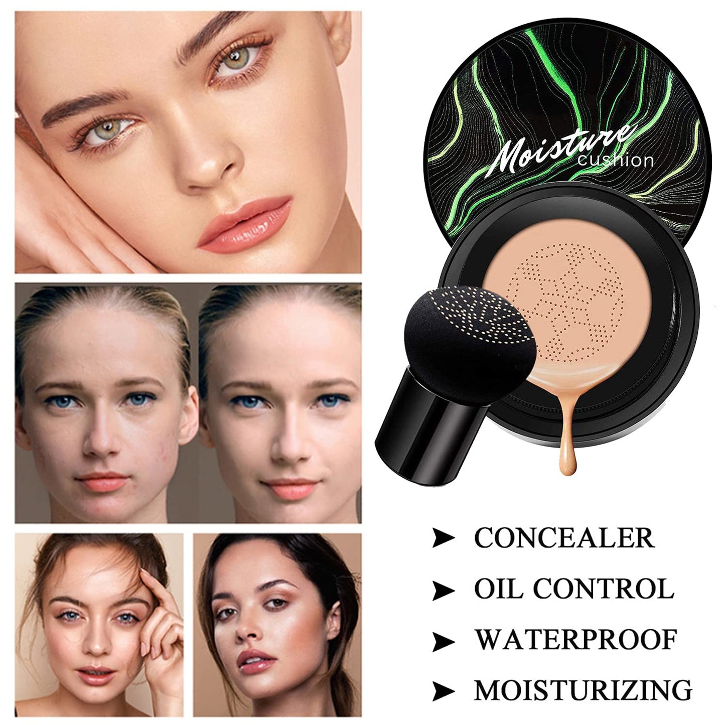 Mushroom Head Air Cushion CC Cream Nature Foundation, Moisturizing BB Cream, Long Lasting Matte Concealer, Bright Makeup Base with Mushroom Makeup Sponge (#04 Buff Beige)