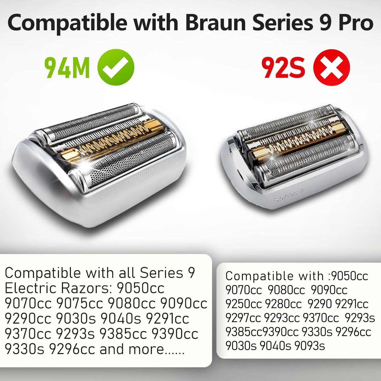 S9 94M Shaver Head for Braun Series 9 & Series 9 Pro, Replacement Foil & Cutter Blade for Braun Electric Razor 9290cc, 9291cc, 9370cc, 9376cc, 9293s, 9260s, 9295cc, 9385cc ect and More
