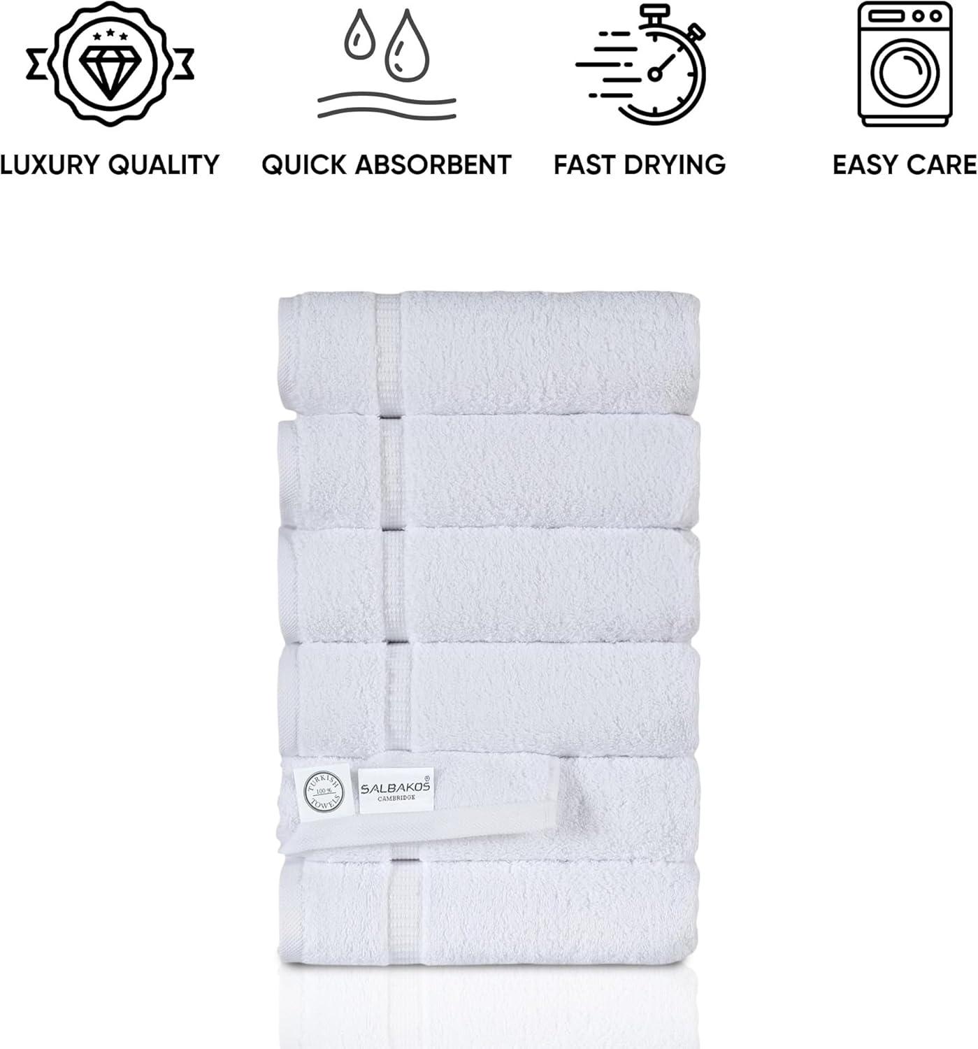 SALBAKOS 100% Turkish Cotton Hand Towel Set of 6 16x30 inch | Heirloom Quality | Hotel & Spa Collection | Ultra Soft, Super Absorbent, Long Lasting Hand Towels | Made in Turkey (White, 6 Hand Towels)