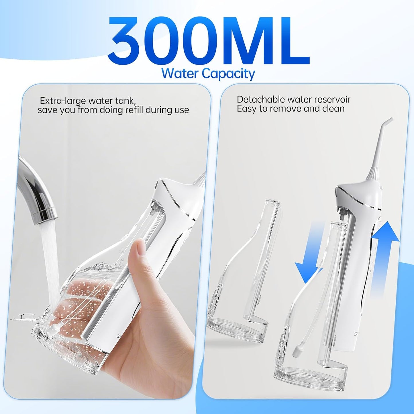 300ML Large Tank Water Dental Flosser for Teeth, Portable Cordless Oral Irrigator with 5 Replaceable Jet Tips, 4 Modes, IPX7 Waterproof Rechargeable Deep Cleaning Picks for Home Travel