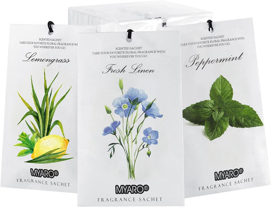 MYARO 12 Pcs Scented Sachets for Drawer and Closet, Long-Lasting Closet Deodorizer Freshener, Potpourri Bags Fresh Scents Sachet Packets Smell Goods for House - Fresh Linen, Peppermint and Lemongrass