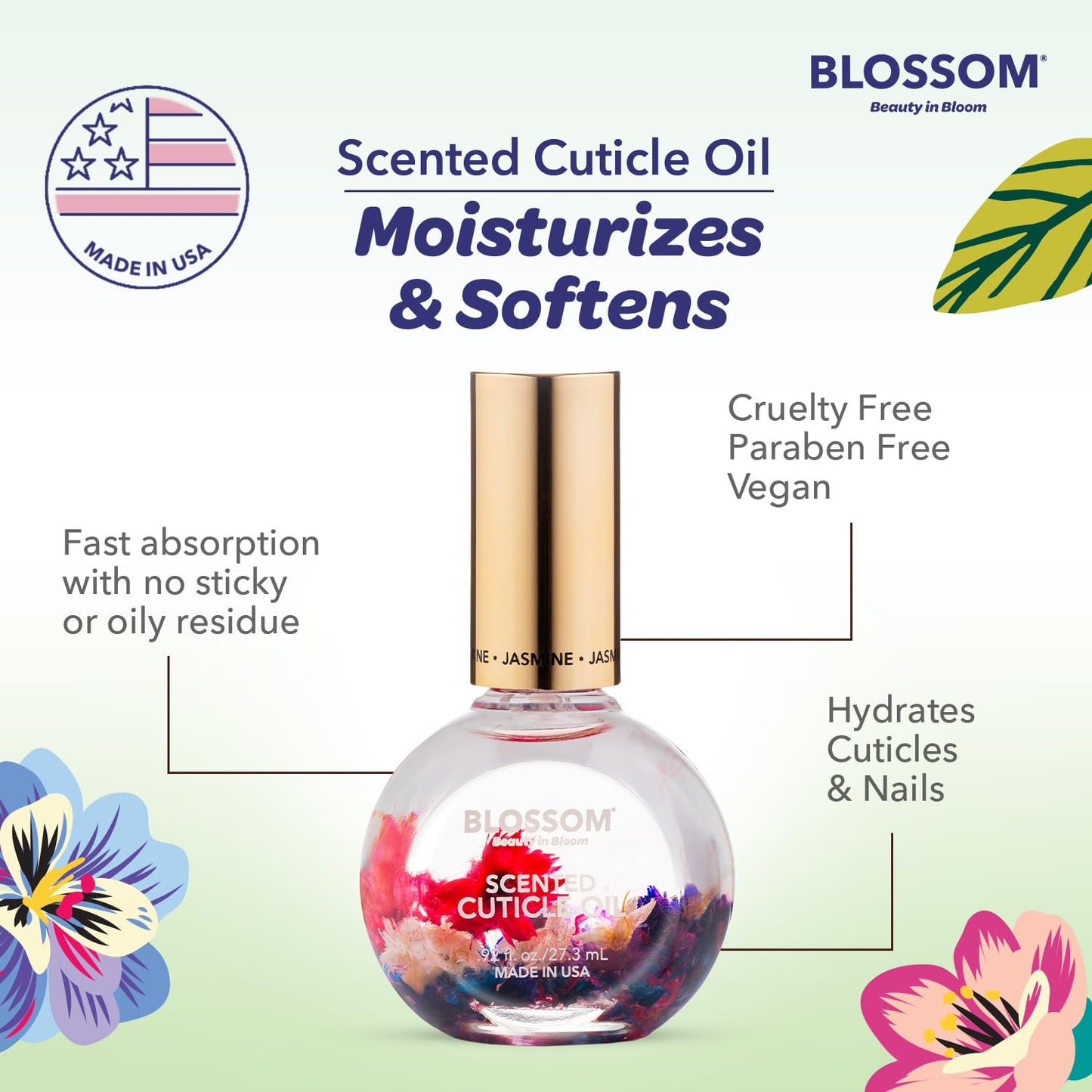 Blossom Cuticle Oil for Nails, Hydrating, Moisturizing, Scented Nail Oil Cuticle Care, Infused with Real Flowers, Made in USA, 0.92 fl. oz, Jasmine