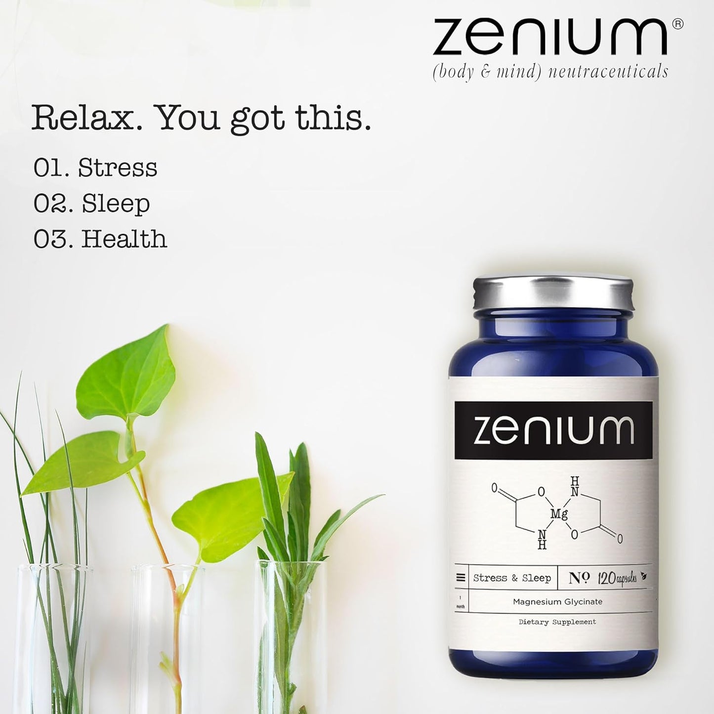 Zenium - Magnesium Glycinate 600 mg per Serving, 120 Capsules | Relieve Stress, Tension, Worry, Nervousness, & Irritability | Calm The Mind & Body | Ayurvedic | Natural Relief Supplement