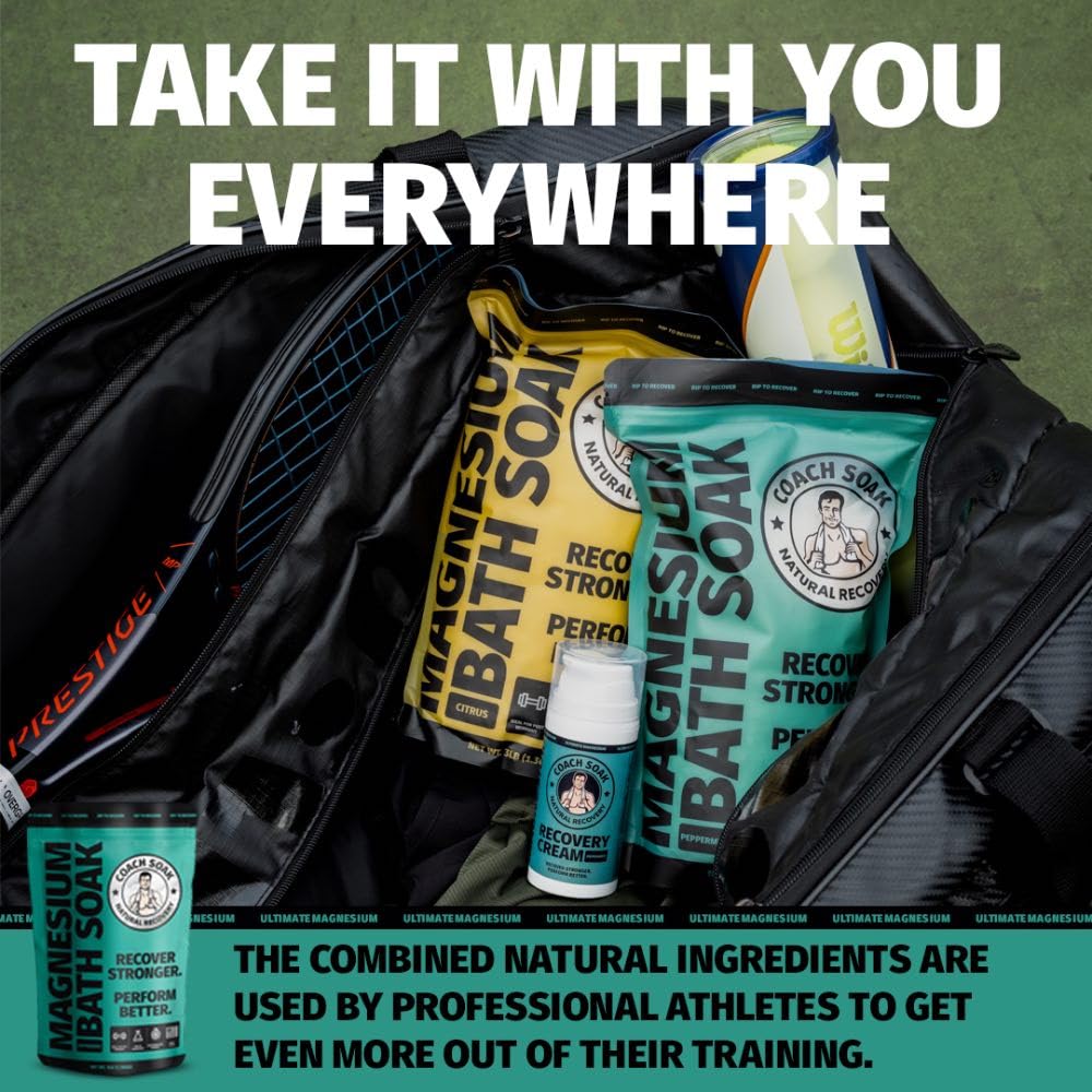 Coach Soak Recovery Bath Soak - Alternative to Epsom Salt Bath Soak - Fast-Absorbing Pure Magnesium Flakes with 21 Minerals, Bath Salts & Essential Oils - 48 oz, Cooling Peppermint