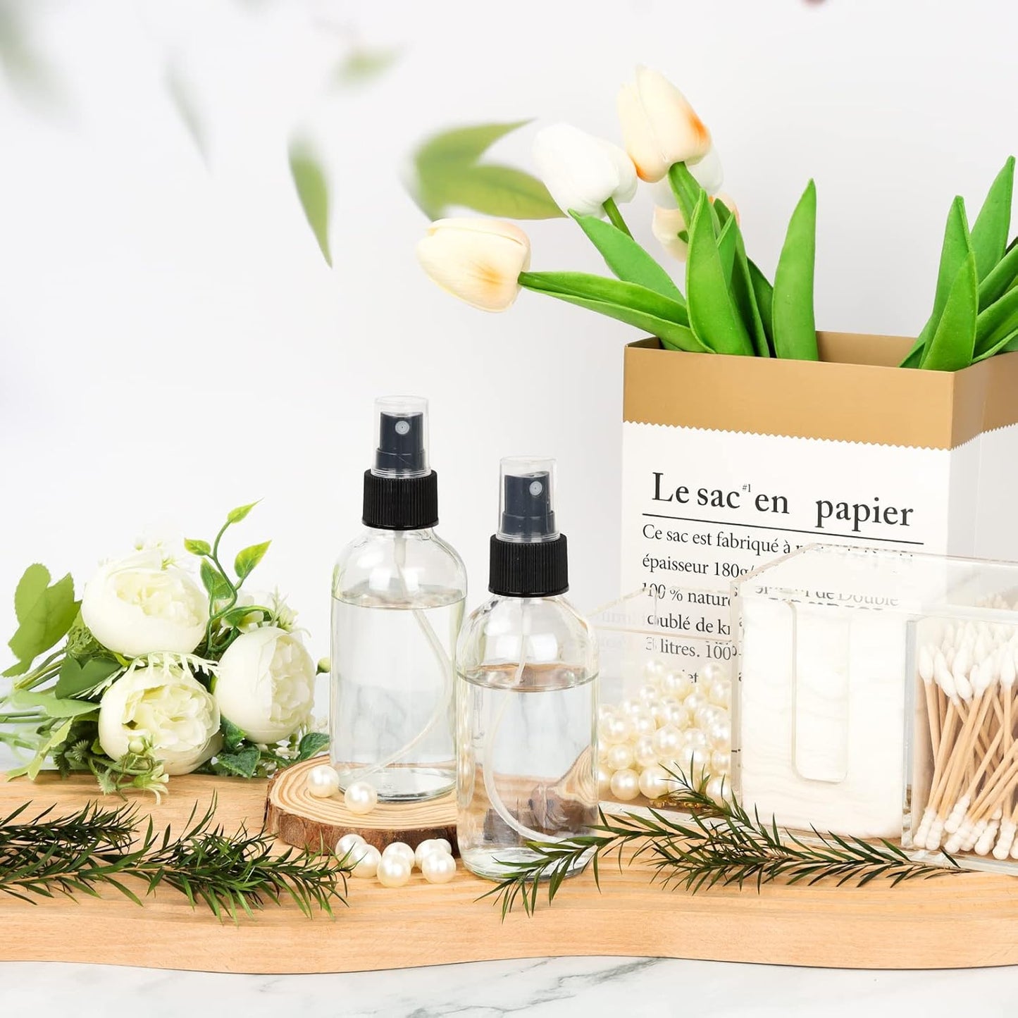 CycleMore 25 Pack 4oz Clear Glass Spray Bottles with Fine Mist Sprayers, Glass Travel Bottles for Cosmetic Essential Oils Cleaning Solutions Perfumes & More Liquids (1 Brush, 2 Funnels and 36 Labels)