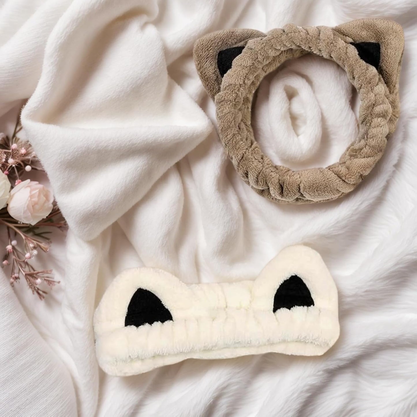 2 Pcs Cat Ears Headband, Cute Spa Headbands for Washing Face Skincare Makeup Headbands for Women Girls Trendy Stuff Present Soft Coral Fleece Hair Accessories(Beige Khaki)