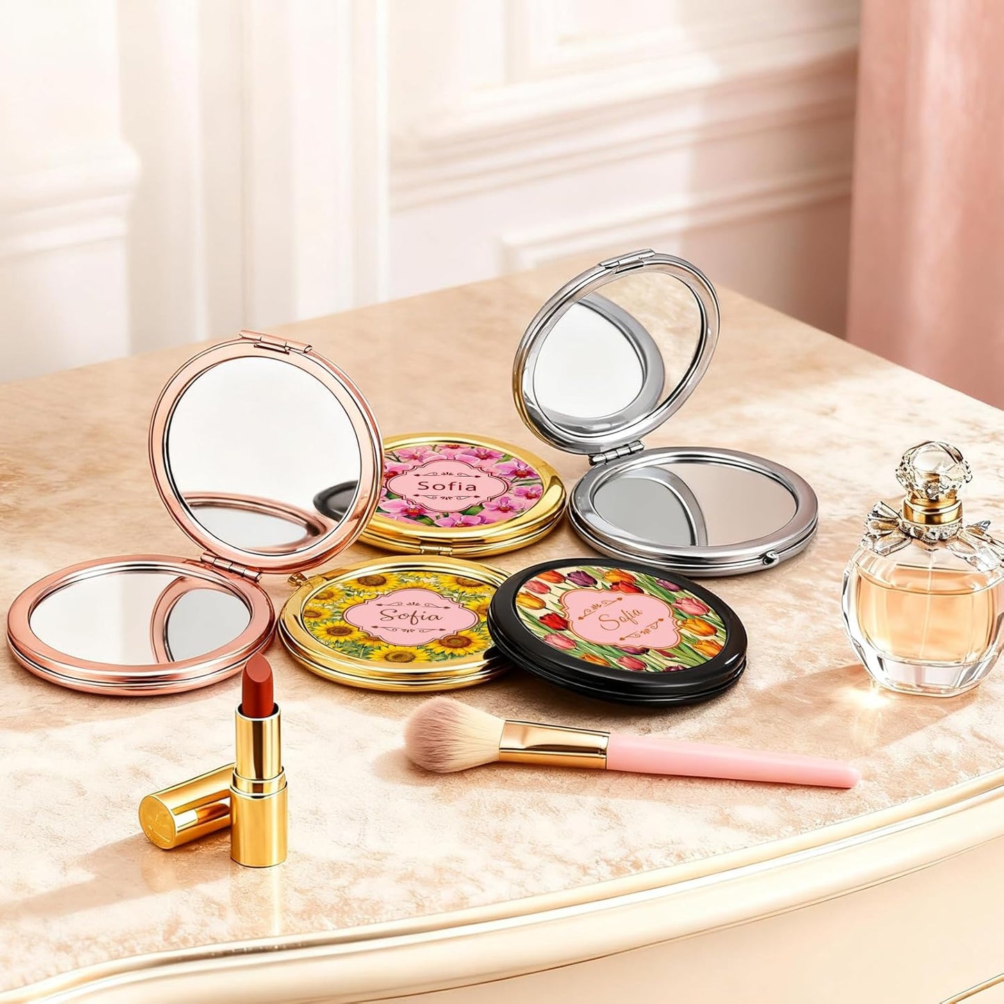 Custom Compact Mirror with Name - Personalized Flip Makeup Travel Pocket Mirror Gift for Women Bridesmaids Wedding Birthday (Romantic Flower)