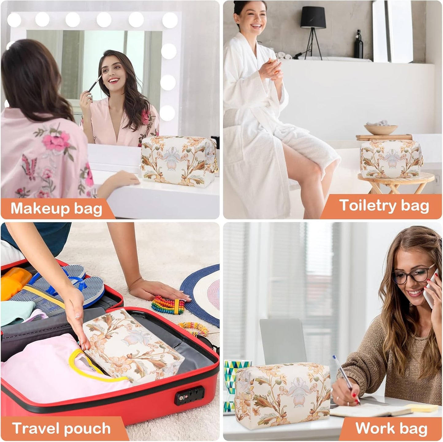 Floral Waterproof Makeup Bag, Leather Cosmetic Bag with Compartments, Zipper Make up Pouch Organizer, Portable Storage Travel Toiletry Bag Gifts for Women Girls(Apricot Flower)