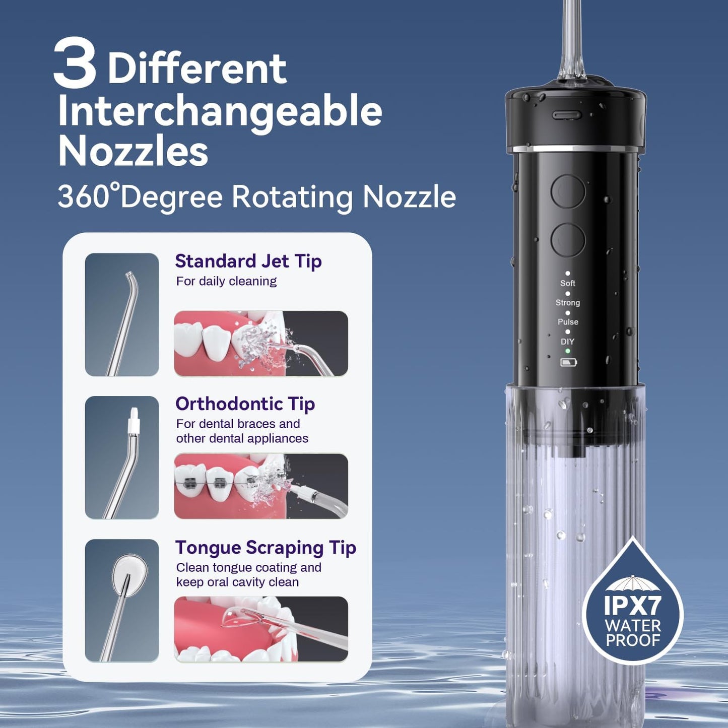 Portable Mini Water Dental Flosser for Teeth Cleaning Pick,Travel Oral Irrigator with Telescopic Water Tank,4 Modes and Waterproof Design - Perfect for Braces,Bridges,and Dental Care (Black)