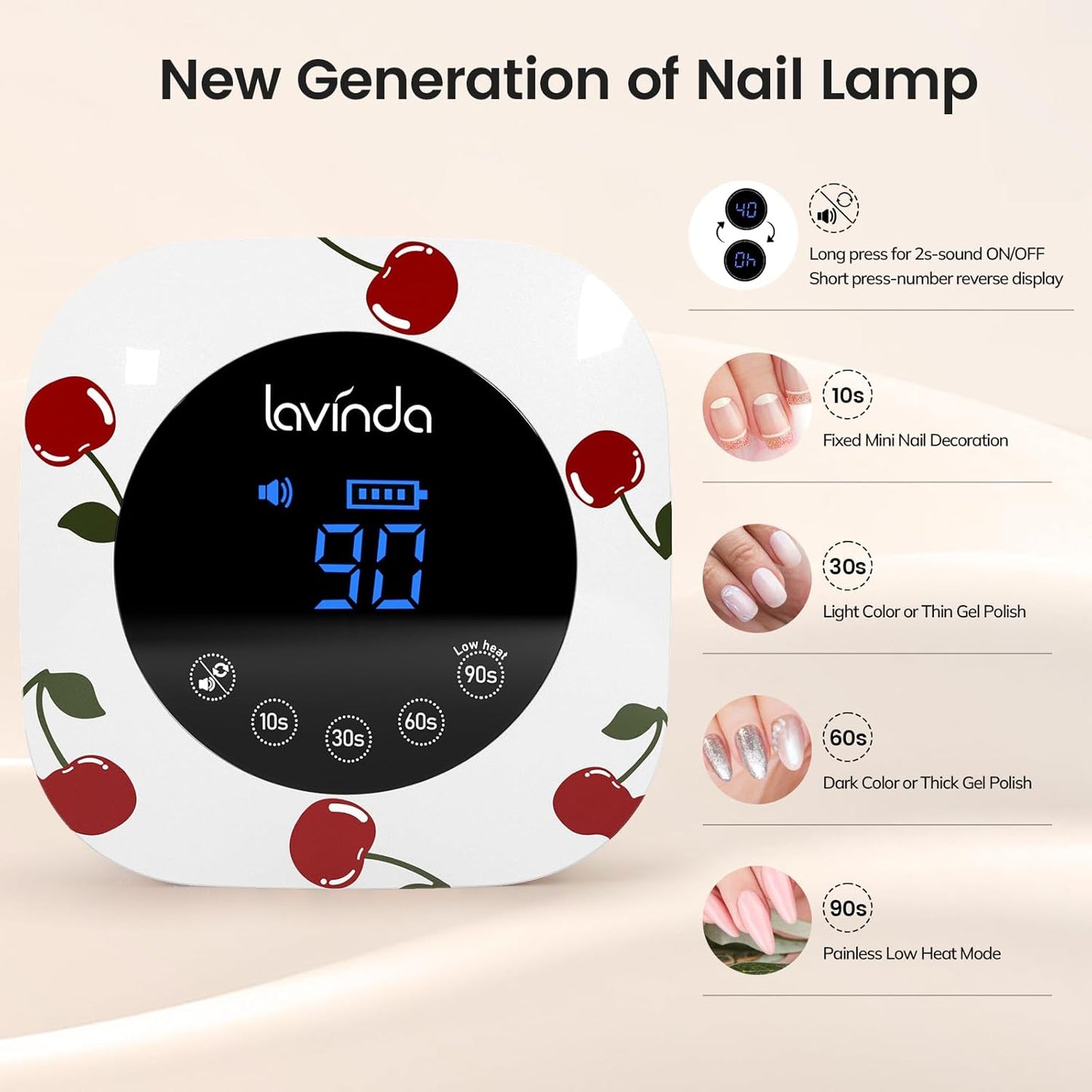 Lavinda 54W Nail Lamp UV Light for Gel Nails Rechargeable Cordless UV Lamp Nail Light with 4 Timer, 2X Faster Professional Gel Polish Curing Nail Dryer for Salon Use-Cherry Print