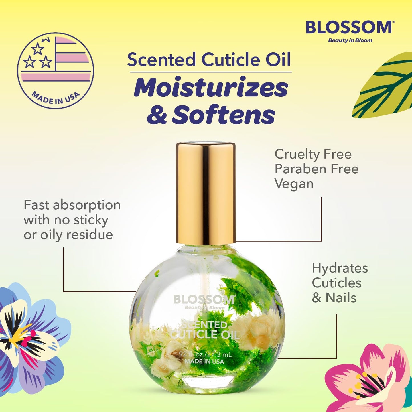 Blossom Cuticle Oil for Nails, Hydrating, Moisturizing, Scented Nail Oil Cuticle Care, Infused with Real Flowers, Made in USA, 0.92 fl. oz, Lemon Cookie