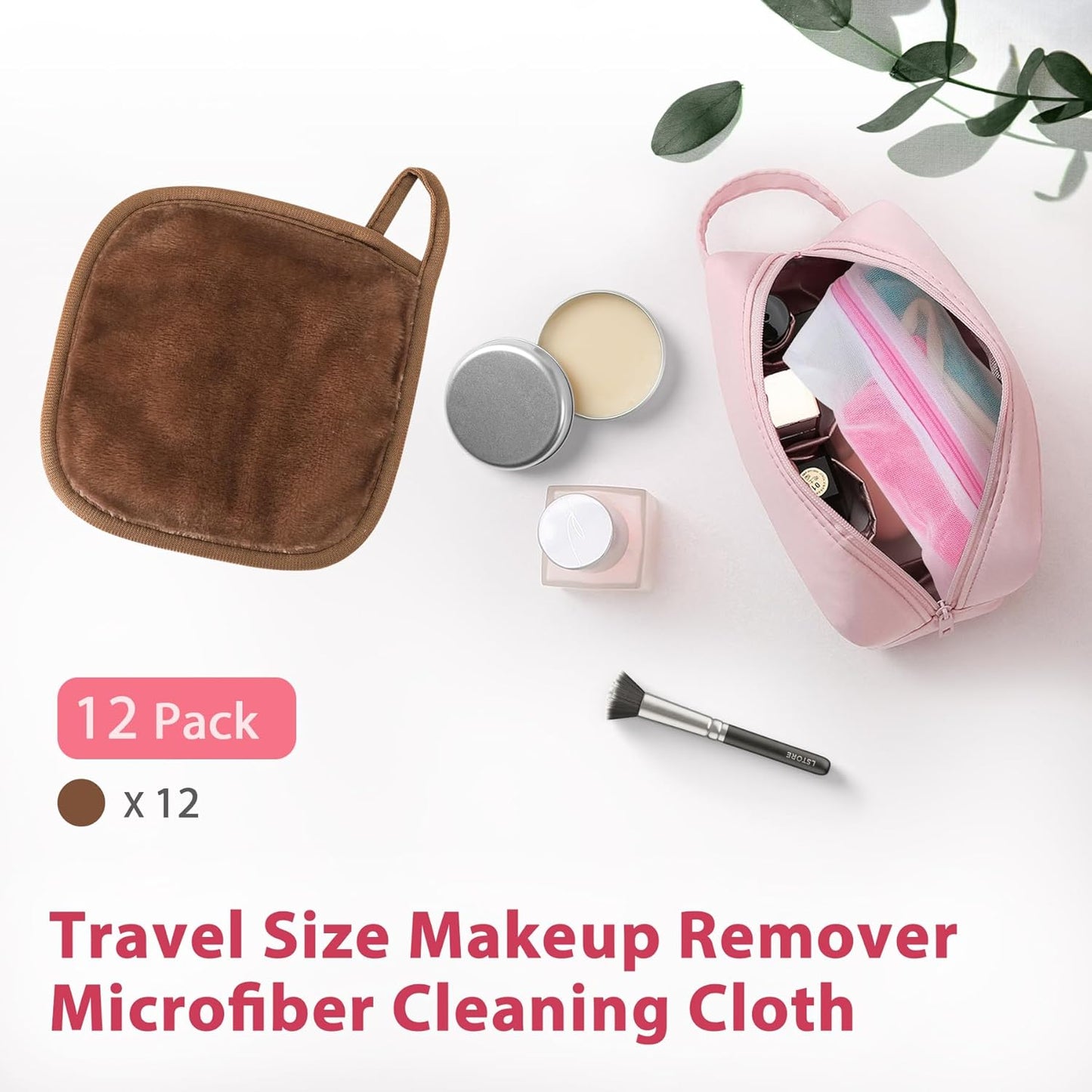 Makeup Remover Cloth, 6" x 6" Make Up Towels Reusable Face Cloth for Washing Face, Makeup Remover Pads Microfiber Face Washcloth with Mesh Bag, Just Water, 12 Pack, Brown