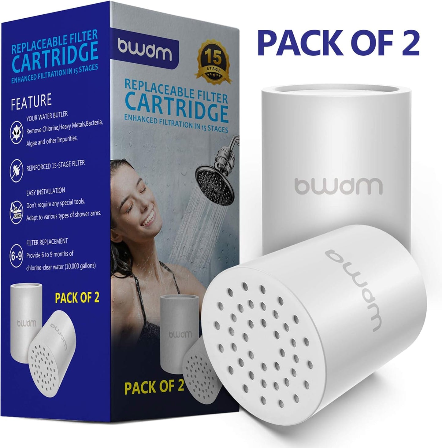 Shower Filter Replacement Cartridge, 15 stage, High Output, Vitamin C, Removing Heavy Metals Hard Water.Universal with Any Shower Filter of Similar Design.Pack of 2