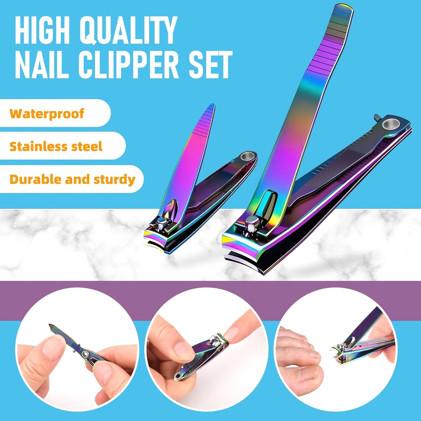 Nail Clipper Set, Sturdy Stainless Steel Fingernails & Toenails Clippers & Nail File, Sharp Effortless Fingernail Toenail Trimmer, Portable Nail Cutter for Women Men(Rainbow)