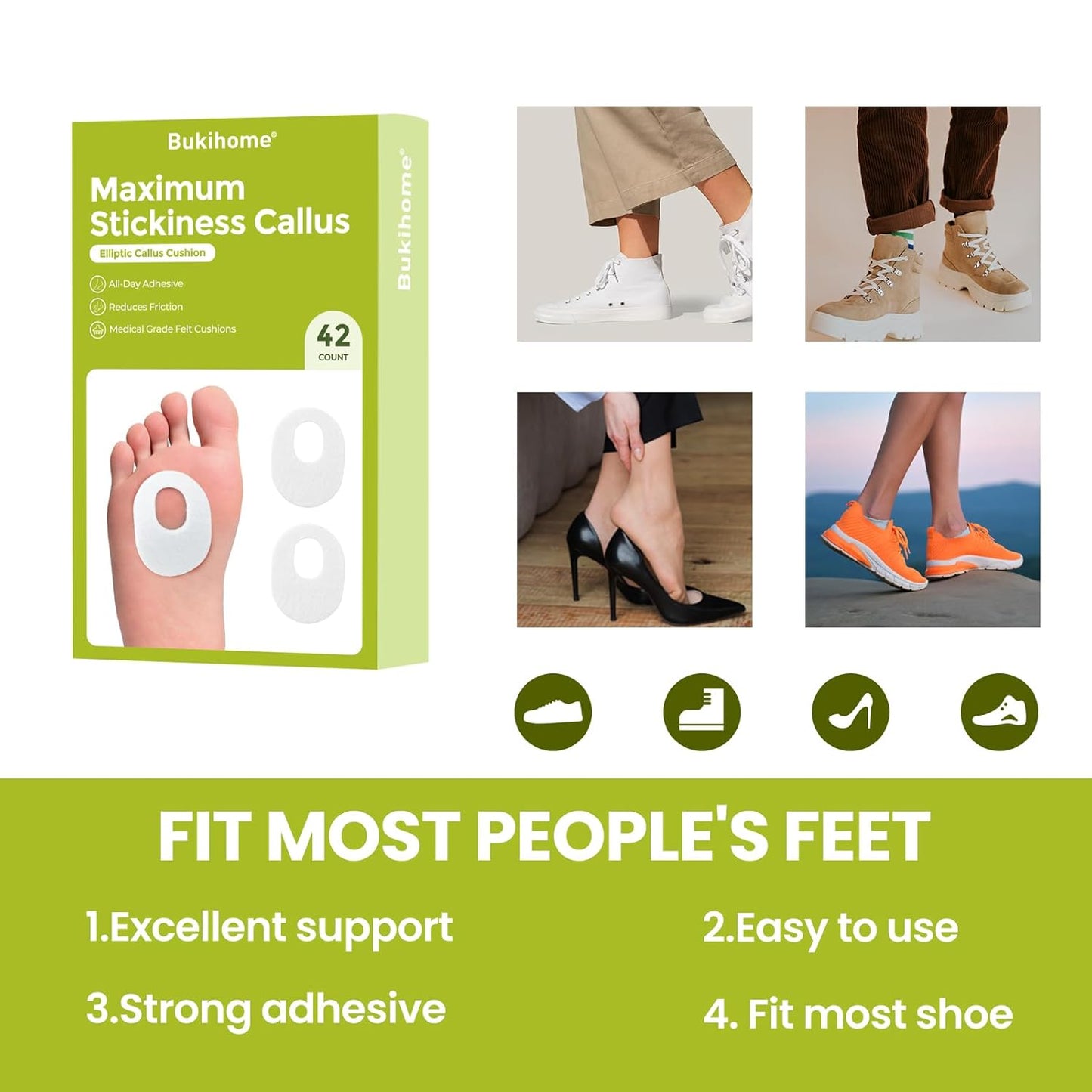 Bukihome Callus Cushions Corn Removers for Foot Bottom, 1/5" Thick Oval Corn Removers Callus Pads, Adhesive Corn Pads for Men & Women - Relieve Friction, Pressure & Shoe Rubbing (White, 42 Count)