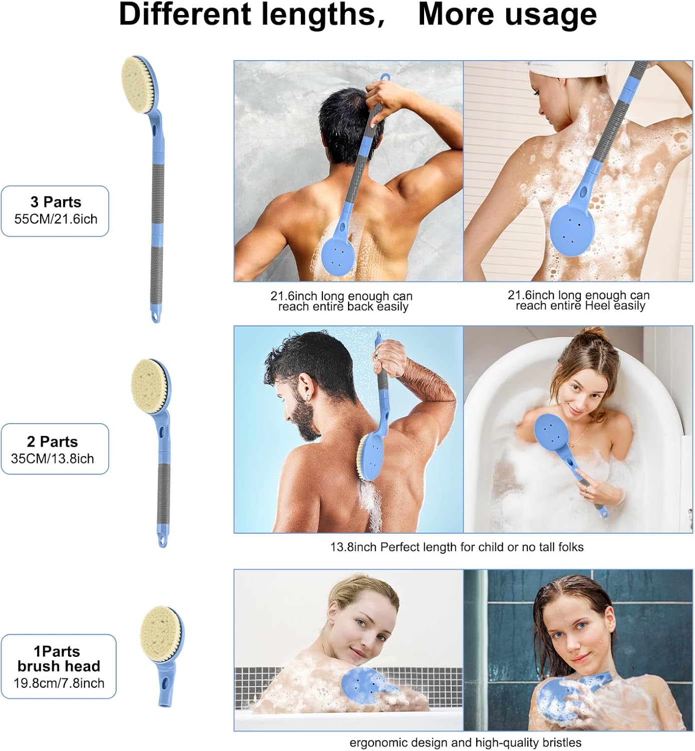 Back Scrubber Anti Slip for Shower, 21.7” Detachable Back Bath Brush for Shower, Back Scrubber, Exfoliation and Improved Skin Health for Elderly with Limited Arm Movement, Disabled (21.7” Blue)