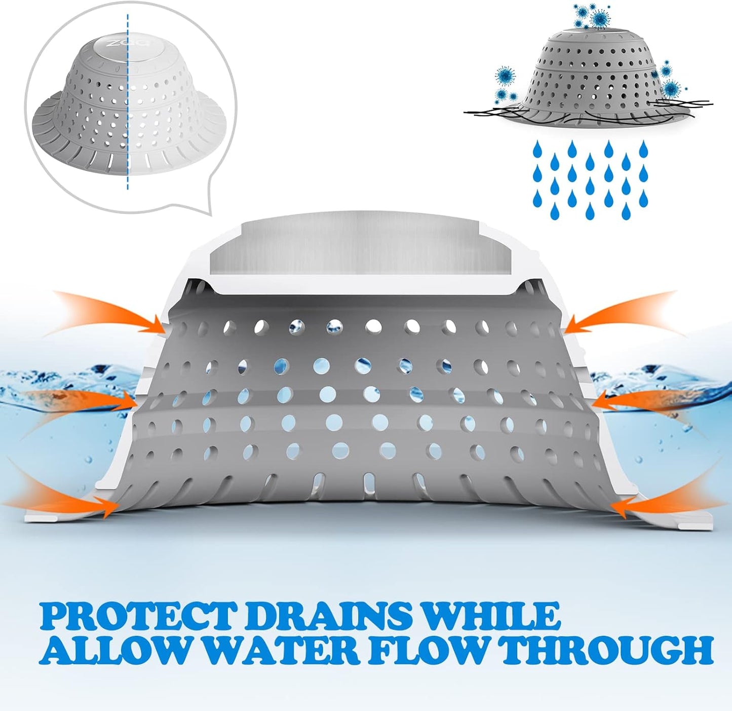 zaa Shower Drain Hair Catcher, 2 Pack Silicone Collapsible Bathtub Drain Cover Dog Hair Catcher & Protector for Pop-Up & Regular Drains of Shower, Bathtub, Tub, Bathroom, Diameter 4.5"