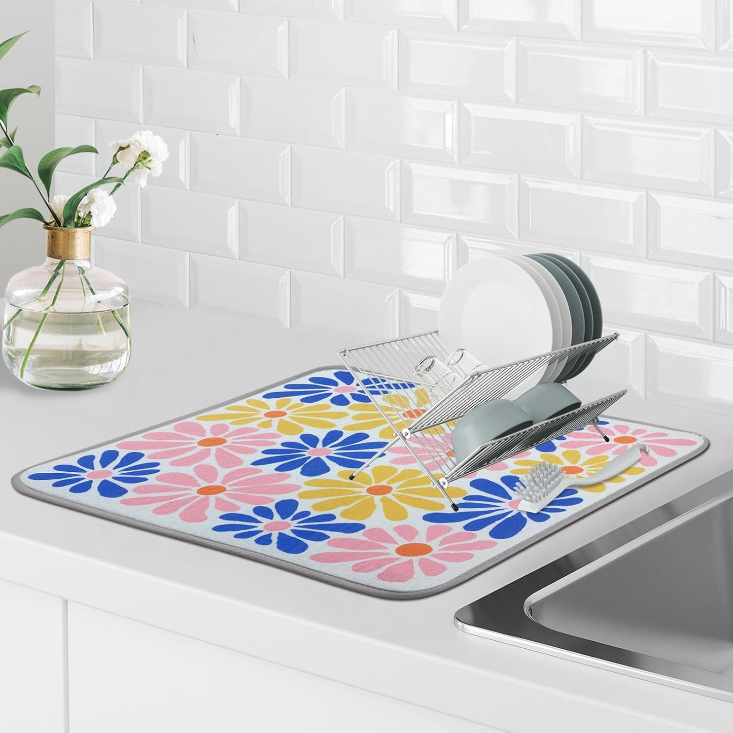 SHIYUE Dish Drying Mat for Kitchen Counter Super Absorbent Spring Kitchen Decor Microfiber Drying Matainers Rack Fast Pad Dish Drainer Mats(Color Flower,18''x24'')