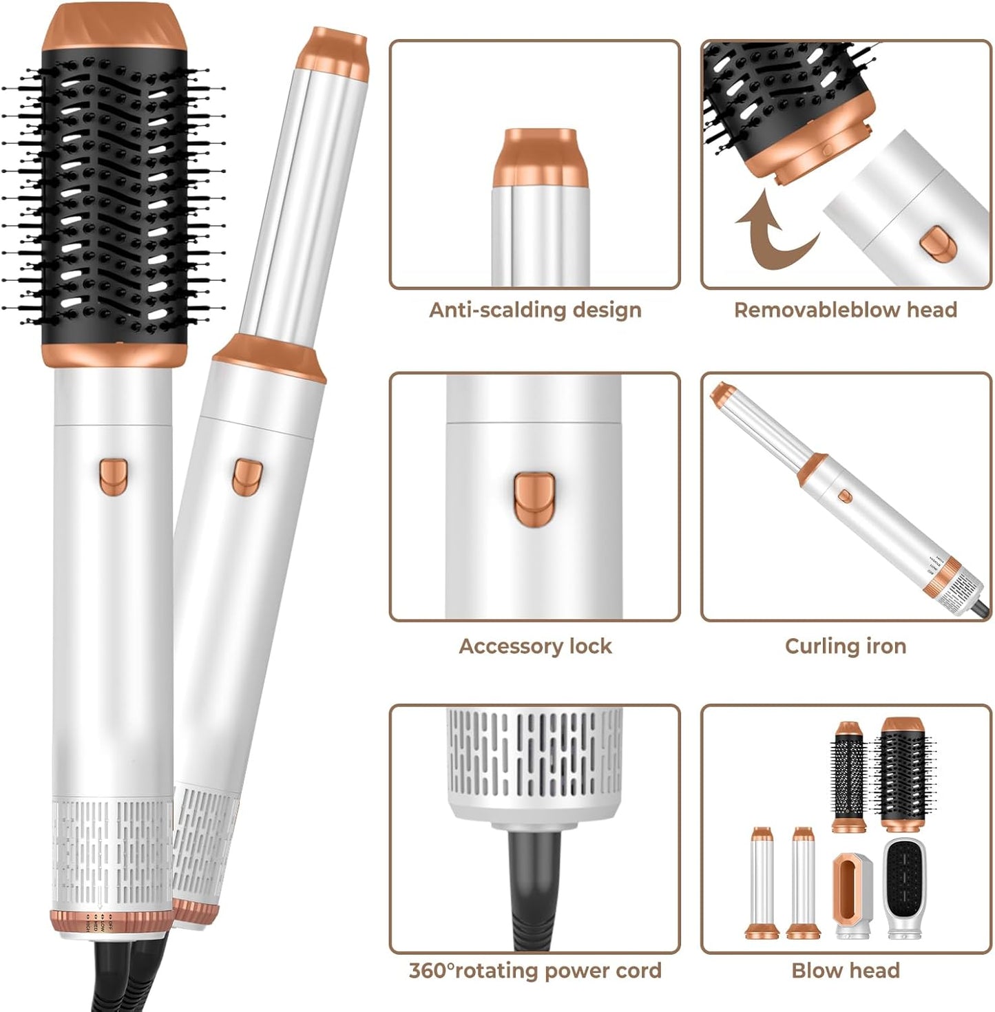 6 in ONE Hair Dryer Brush, Blow Dryer Curling Wand Hair Styling Tools Set, Ionic Hot Air Massage Oval Blowout Hair Dryer, Left&Right Hair Styler