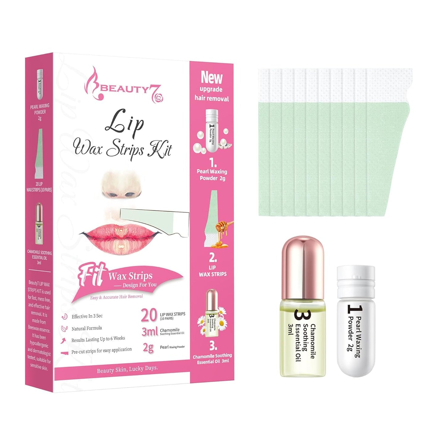 Beauty7 Lip Wax Strips Facial Wax Strips Hair Removal Wax Strips for Sensitive All Skin Types Women 20 pcs with Pearl Powder Essential Oil