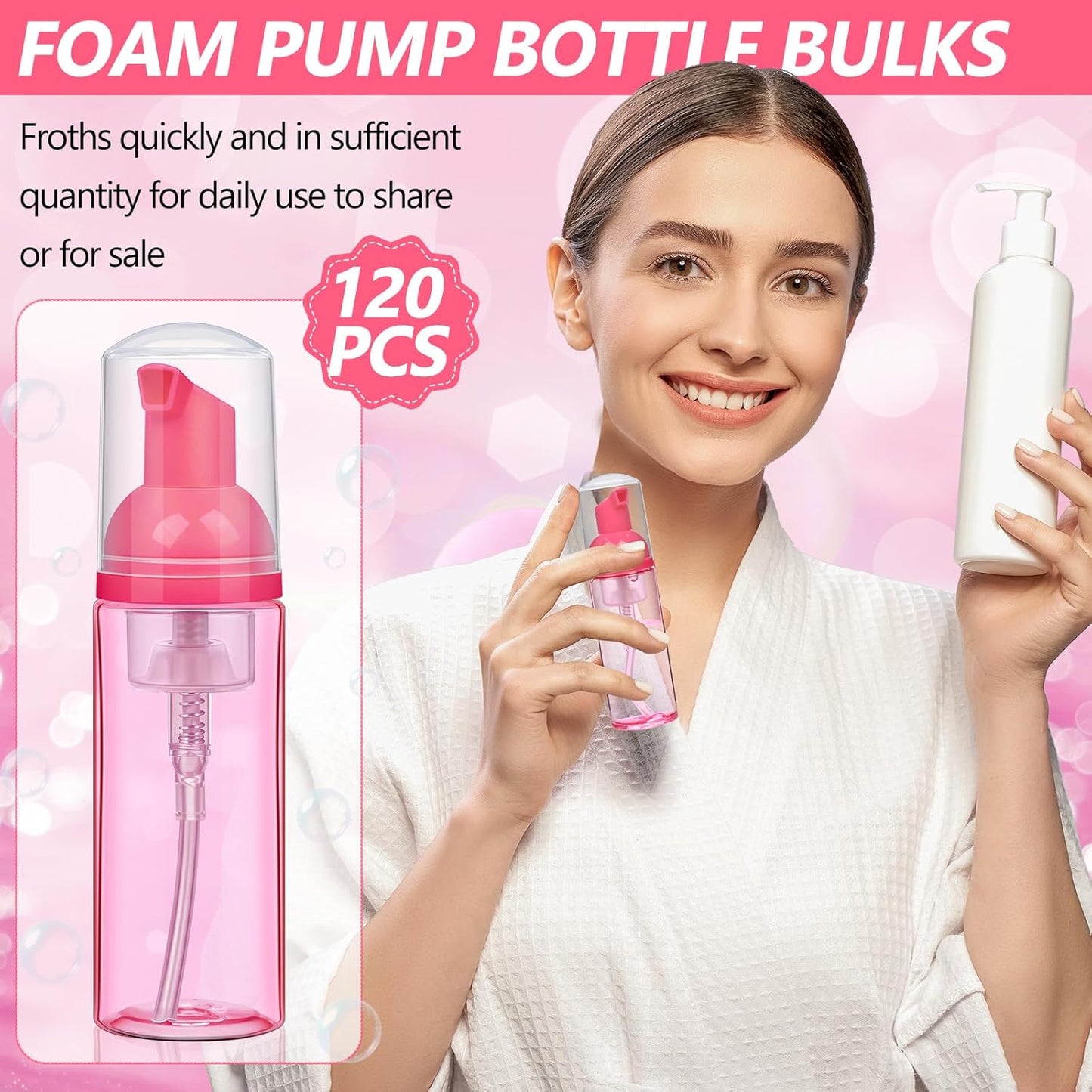 Dandat 120 Pcs 2 oz Plastic Foam Soap Dispensers Bulk Refillable Foaming Pump Bottle Empty Mini Shampoo Lash Cleaning Bottles for Travel Cosmetics Hand Soap(Pink)