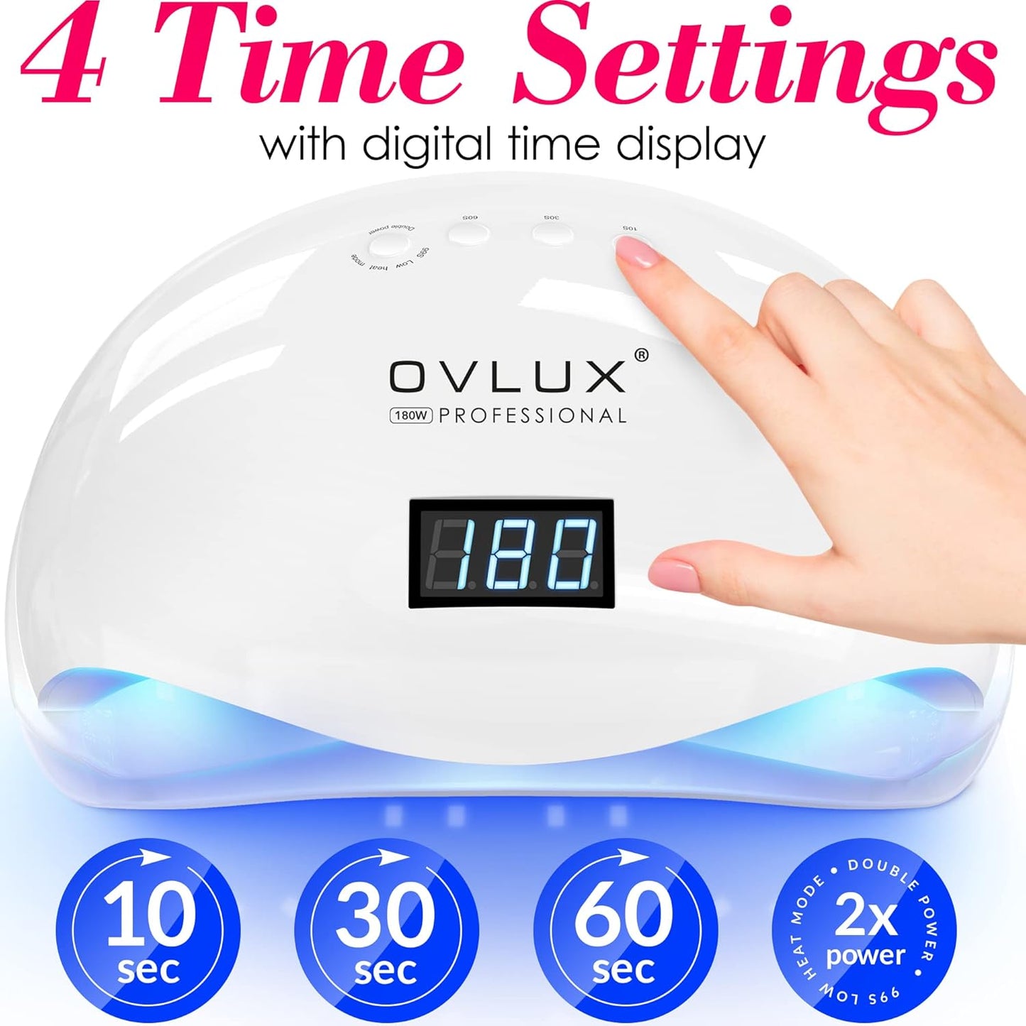 OVLUX 180W UV LED Nail Lamp โ Professional Fast Nail Dryer for Gel Polish with 57 LEDs, Auto Sensor, LCD Display, 4 Timer Settings, Cures Fingernails & Toenails, Salon Quality for All Gel Types