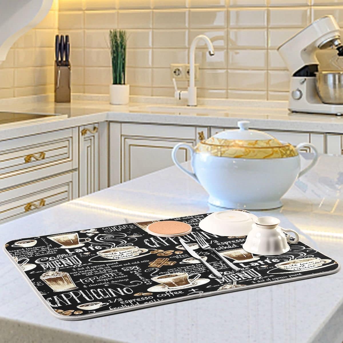 Coffee Black Dish Drying Mat for Kitchen Coffee Beans Maker Cappuccino Latte Chocolate Microfiber Drying Mats Absorbent Reversible Dish Pad Medium Dish Draining Mat 16x18 inch