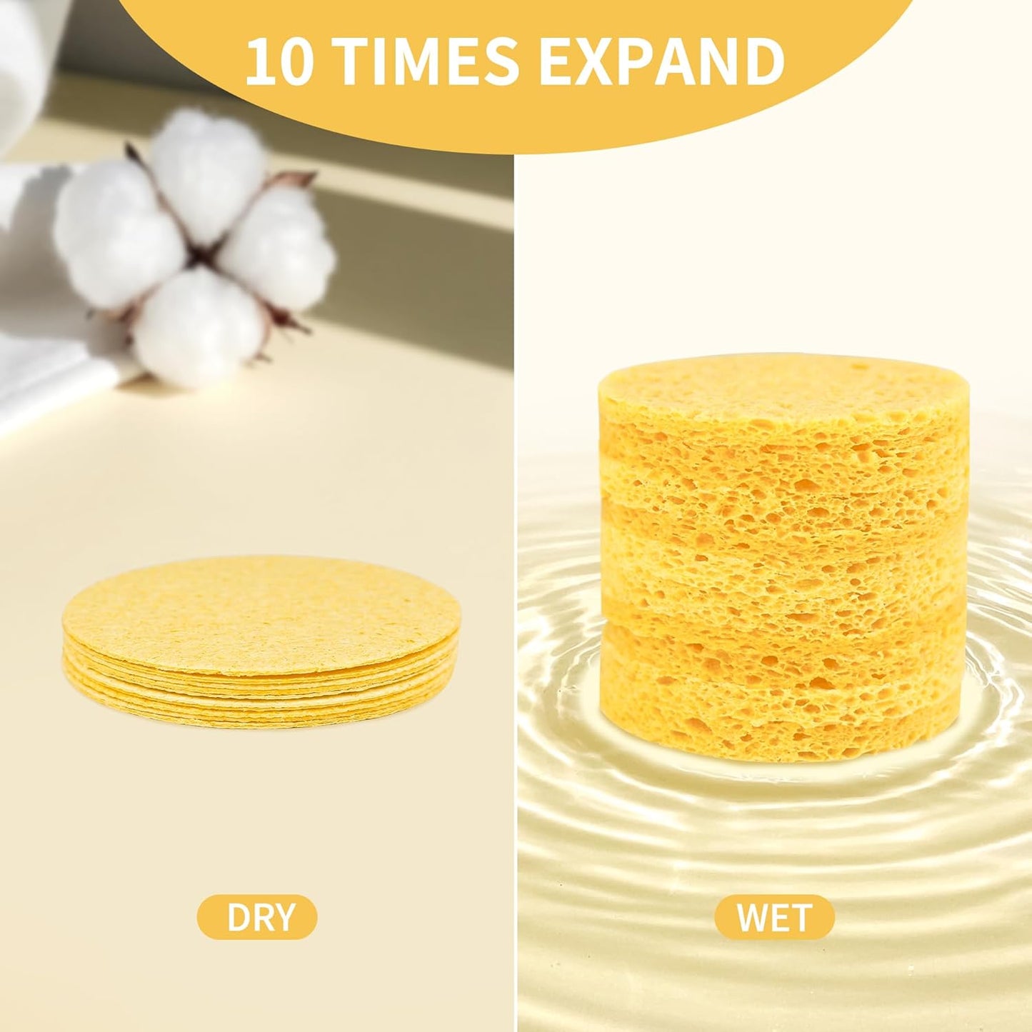 100-Count Compressed Facial Sponges, Natural Cosmetic Spa Sponges for Facial Cleansing, Exfoliating Mask, Makeup Remover, Travel Face Sponges - Yellow