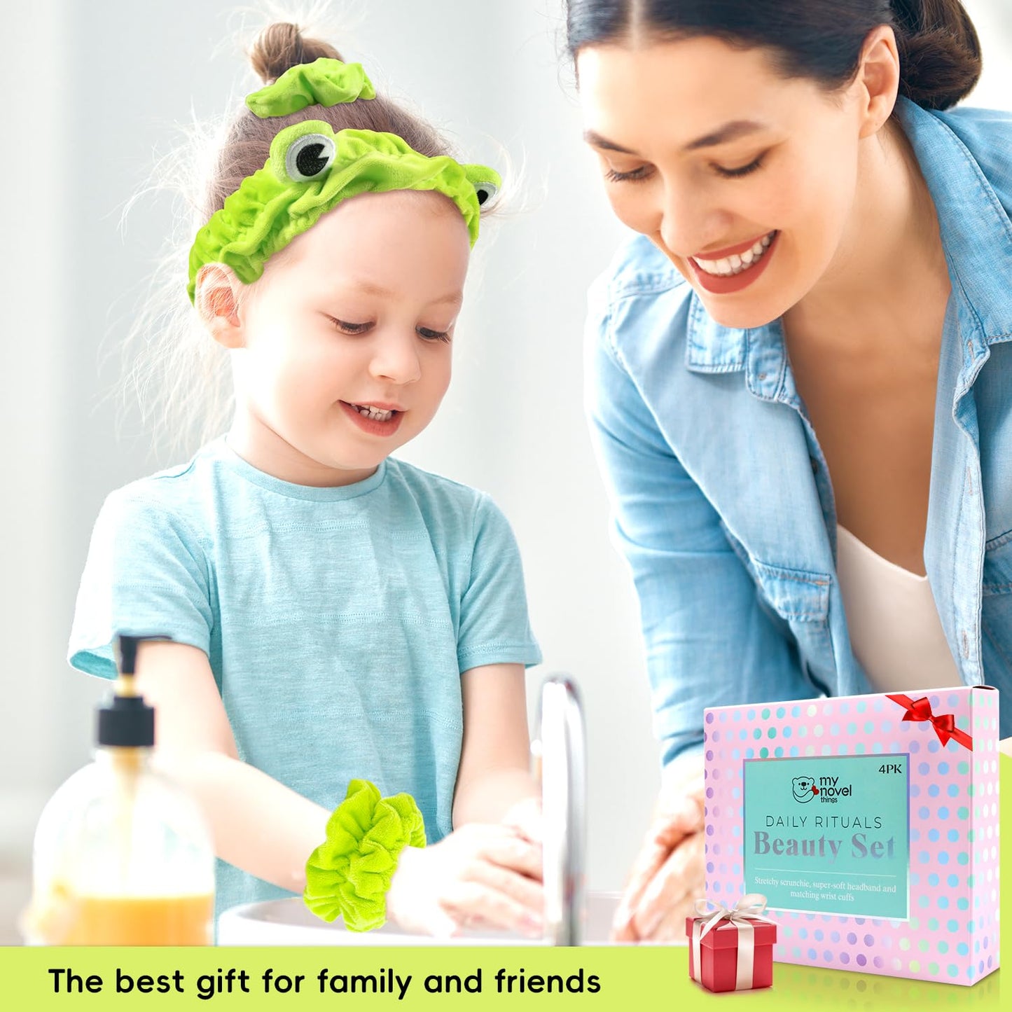 Face Wash Headband, Skincare Headband Wrist Bands For Washing Face Set Spa Hair Bands come with a Hair Scrunchie Cute Green Frog Elastic for Makeup Girls Women