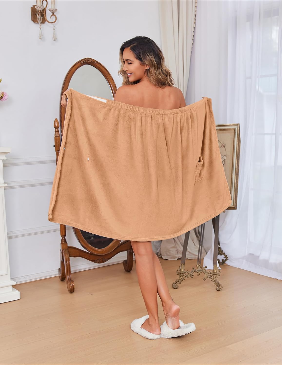 Ekouaer Women's Plush Towel Wrap Soft Lightweight Shower Wrap Absorbent Spa Body Wrap Bath Robe with Velcro S-L