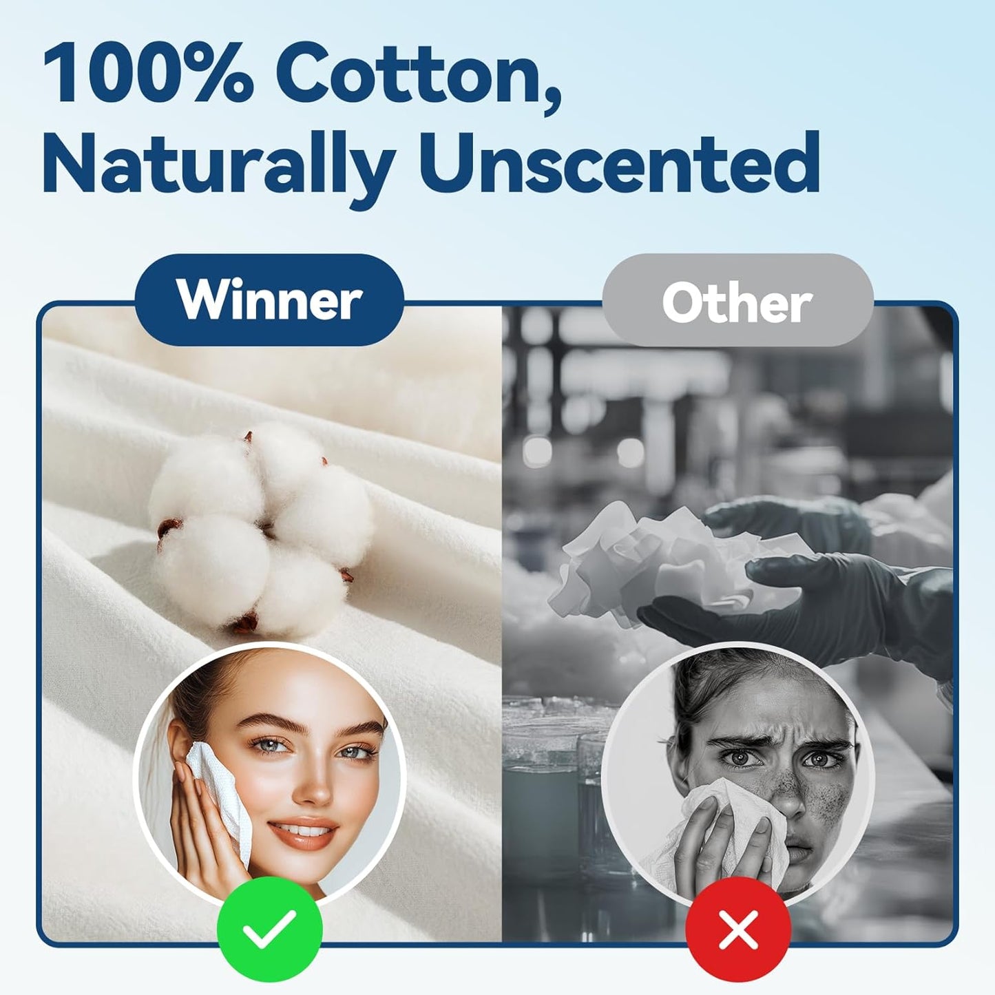 Winner Soft Face Towels, 100% USDA Biobased Facial Towels, Unscented Cotton Tissues for Sensitive Skin, OEKO-TEX Certified Face Towelettes Disposable, Makeup Remover Dry Wipes, 600 Ct, 6 Pack