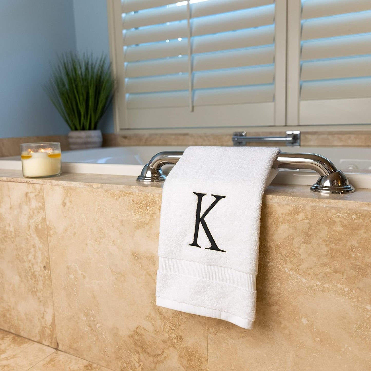 Black Monogrammed Bathroom Hand Towel - Black & White Luxury Hotel Quality Personalized Initial Decorative Embroidered Towel for Powder Room, Spa - GOTS Organic Certified - Set of 2 Letter K