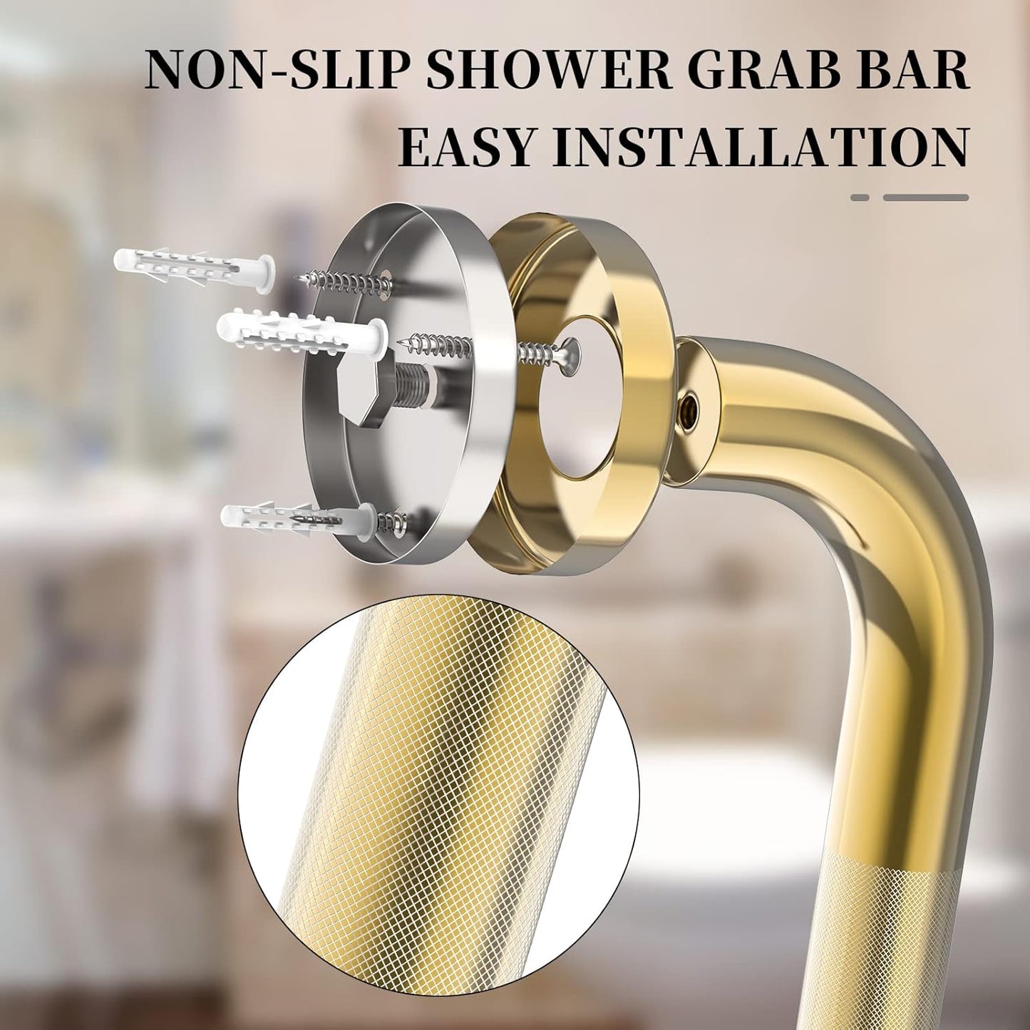 Gold Shower Grab Bar w/Anti-Slip Knurled Grip 20 Inch, Zepolu Wall Mounted Stainless Steel Bath Grab Bar,Safety Balanced Handrail, Handicap Injury Elderly Senior Assist Support Textured Handle