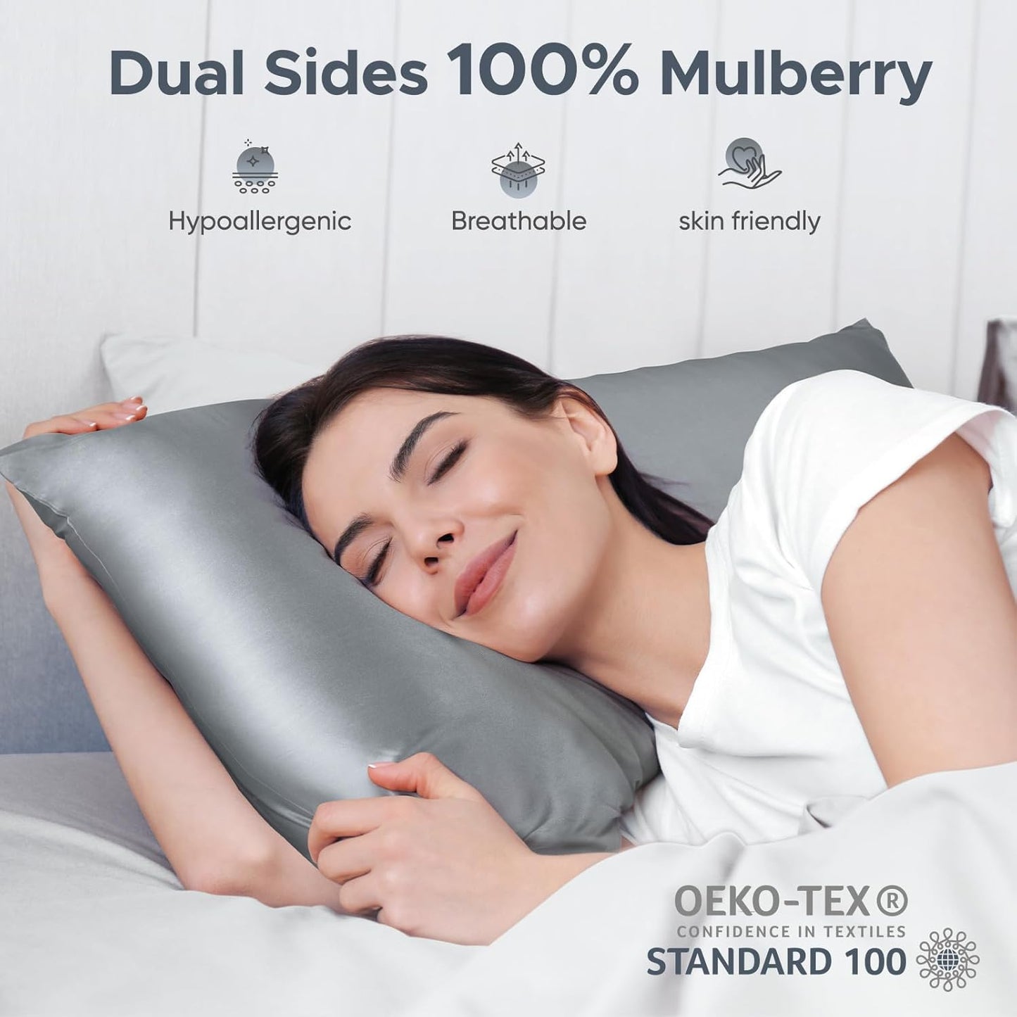 100% Pure Mulberry Silk Pillowcase for Hair and Skin - Allergen Resistant Dual Sides,600 Thread Count Silk Bed Pillow Cases with Hidden Zipper,1pc,King Size,Medium Grey