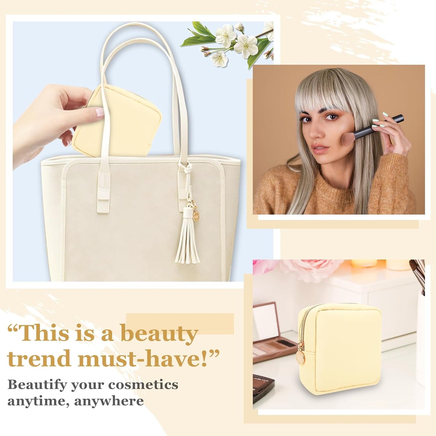 Nylon Mini Makeup Bag for Purse, Preppy Small Cute Makeup Bag Cosmetic Zipper Pouch Purse, Waterproof Travel Coin Pouch Sanitary Napkin Storage Bag Clutch Makeup Organizer for Women Men Girls(Beige)