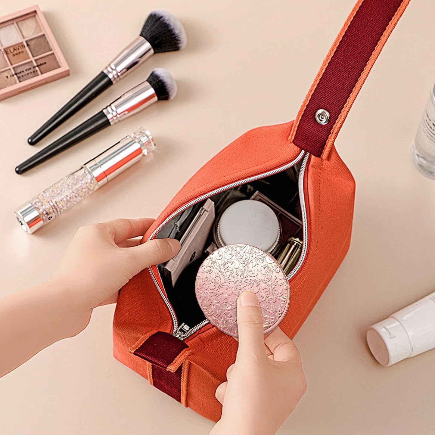 Portable Compact Metal Folding Makeup Mirrors, Beautiful and Elegant,1X/2X Magnifier. (Rose Gold)