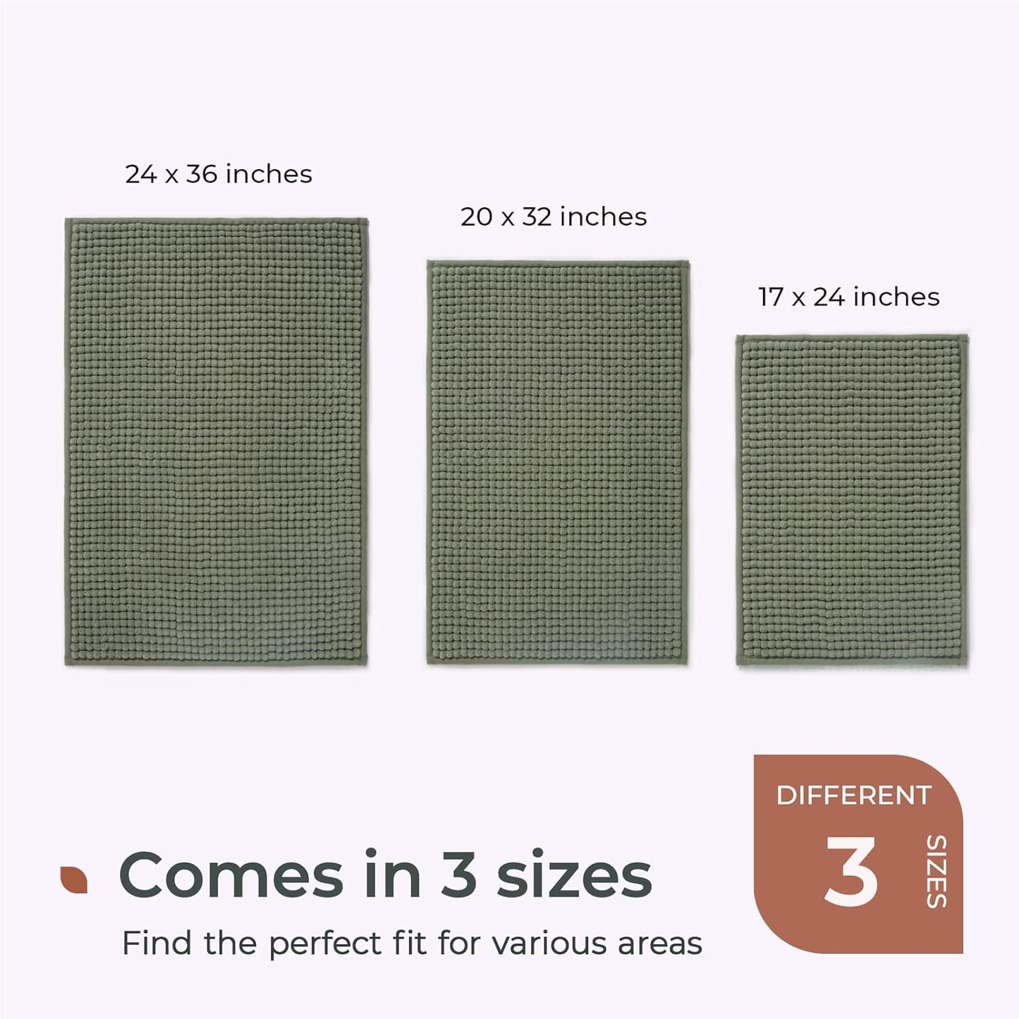 FRESHMINT Thick Chunky Chenille Bath Rugs 20"x32", Non Slip Bath Mat, Soft Bathroom Decor, Cute Shower Mat, Water Absorbent, Washable, Sage Green