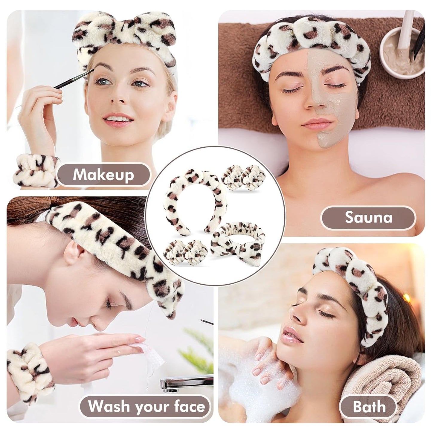 Zkptops 6Pcs Spa Headband for Washing Face Wristbands Set Women Bubble Skincare Makeup Sponge Plush Padded Puffy Headband Bow Tie Hairband Cute Non Slip Thick Hair Accessory Gifts(Beige Leopard)