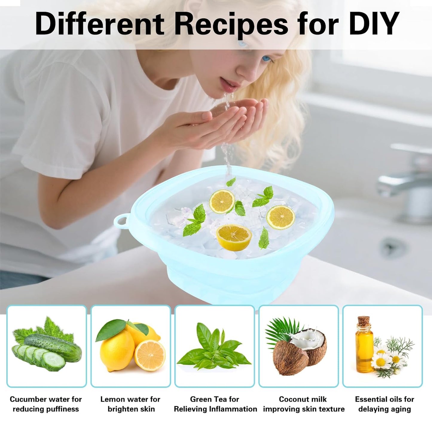 Face Bowl for Ice with Built-in IceTray,Collapsible Silicone Face Ice Bowl – Cold Plunge Therapy for Skin Tightening & Facial Treatment– Portable Spa Tool for Home & Travel(Blue)